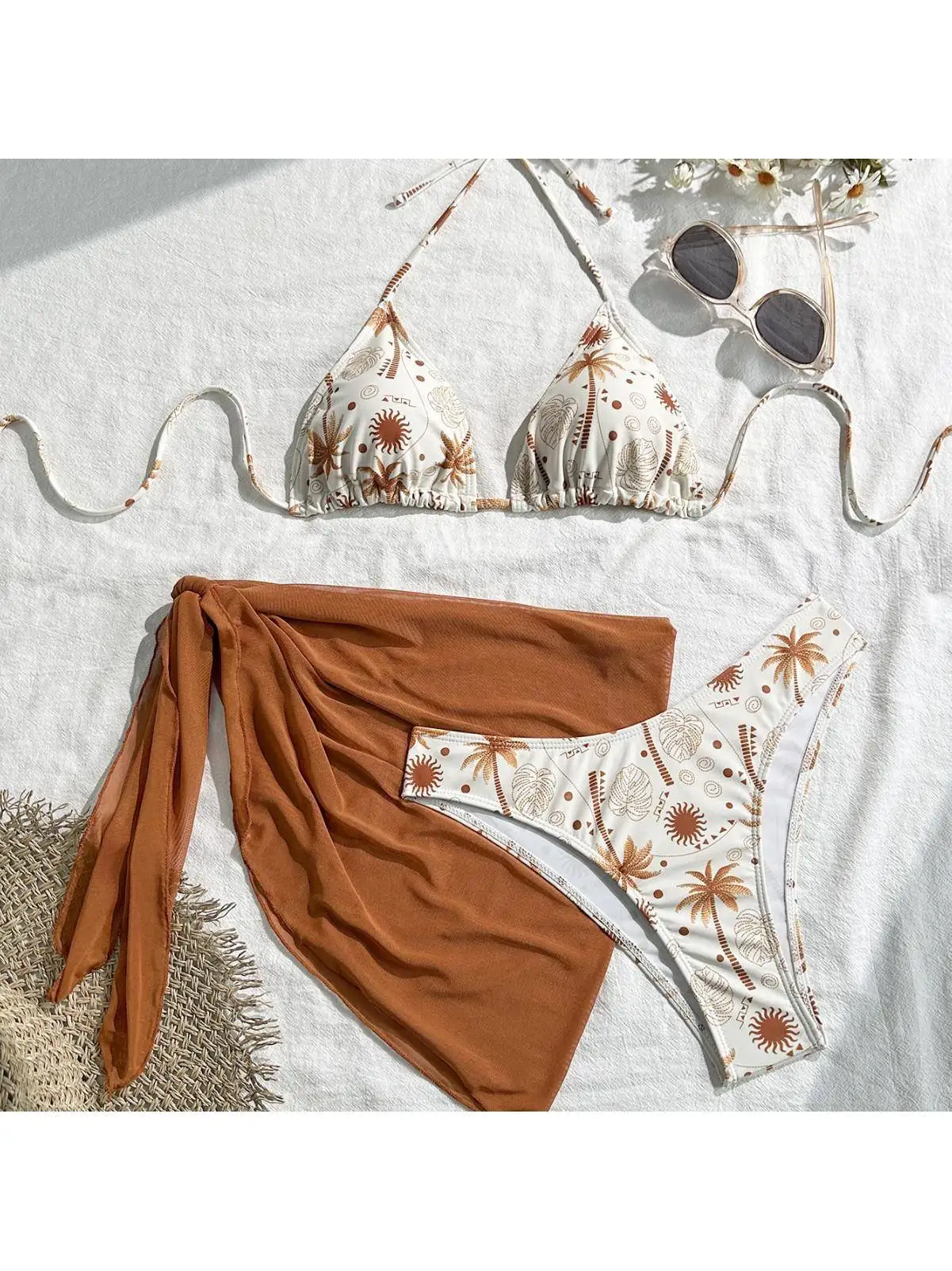 Sexy Print Tie Three-piece Bikini Swimsuit Women's Fast-drying Removable Chest Pad Back Adjustment Pool Scene