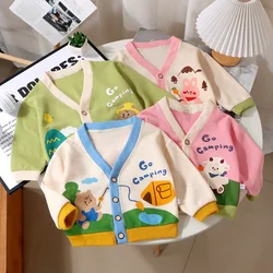 Baby Boys Girls Knitted Cardigan New 2024 Autumn Kids Cute Cartoon Bear V-neck Cardigans Knitwear Sweater Coat Casual Clothing