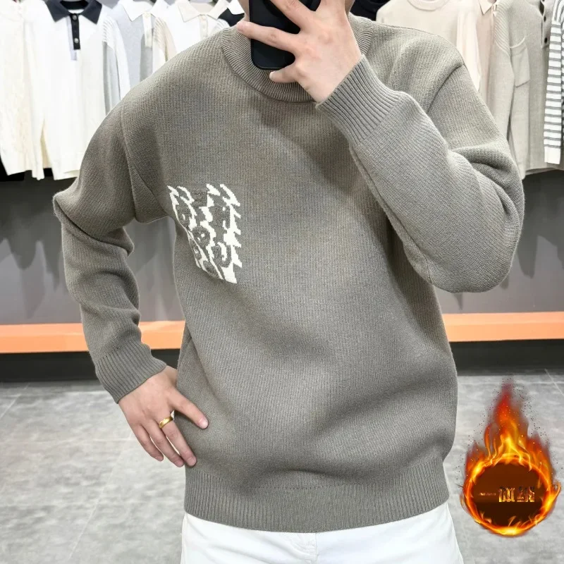 Fashion Versatile One-piece Velvet Men's Sweater Winter Thickened Warm Knitted Jacquard Pullover Top Round Neck Knitting Sweater