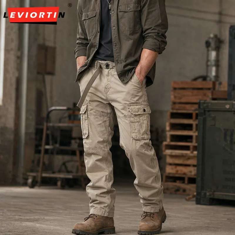 Men's Cargo Pants Cotton Straight Leg Loose Fit Spring Fall Outdoor Multi Pockets Durable Military Army Casual Work Trousers