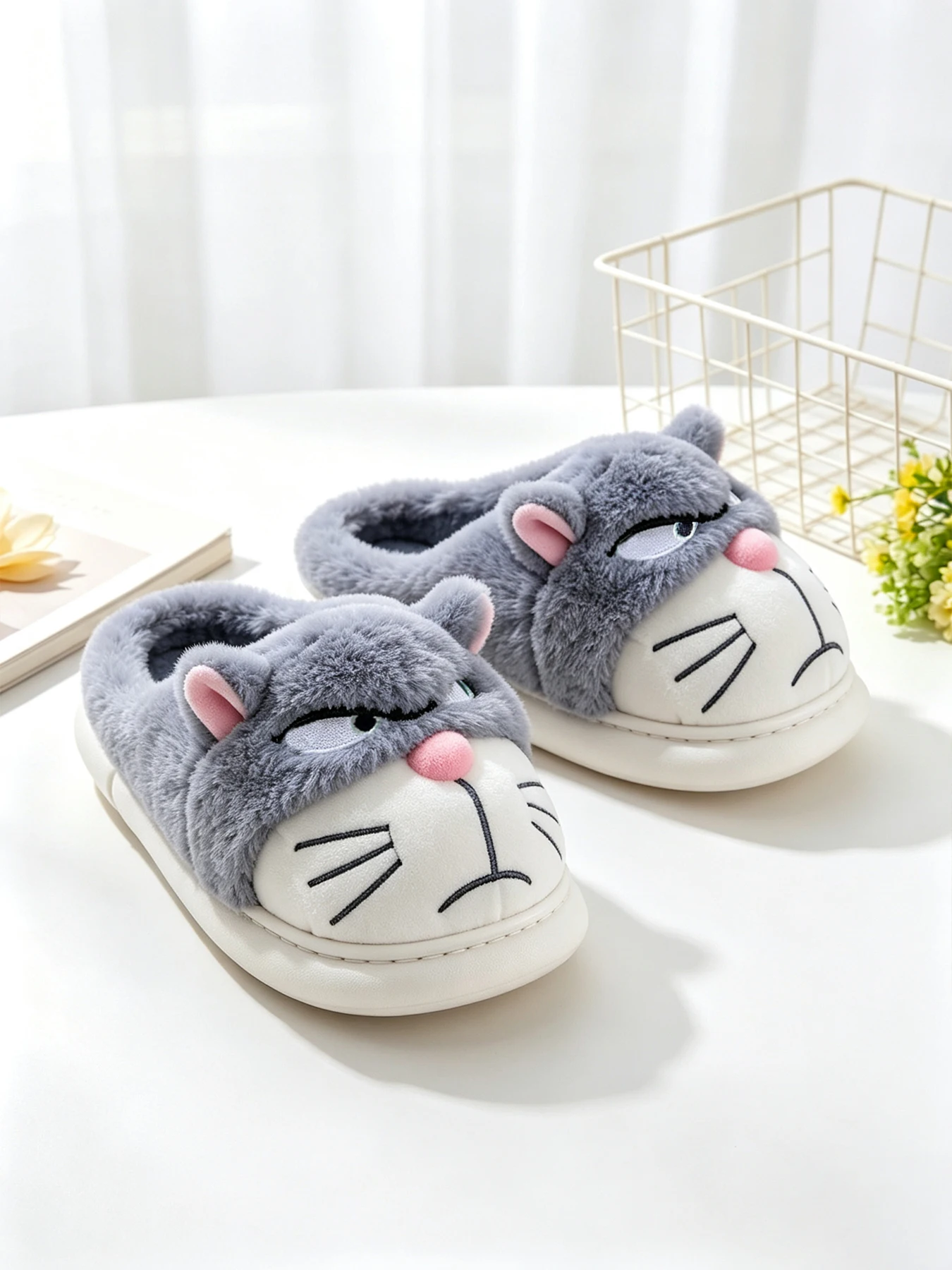 Men's Closed Back Indoor Slippers, Cartoon Character, Soft Plush Material, Thick Sole Comfort House Bedroom Slippers