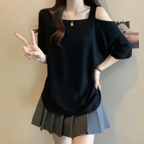 Large Size Women's Clothing Summer New Solid Color Loose and Thin Age Reduction Irregular Off-the-shoulder Short-sleeved T-shirt