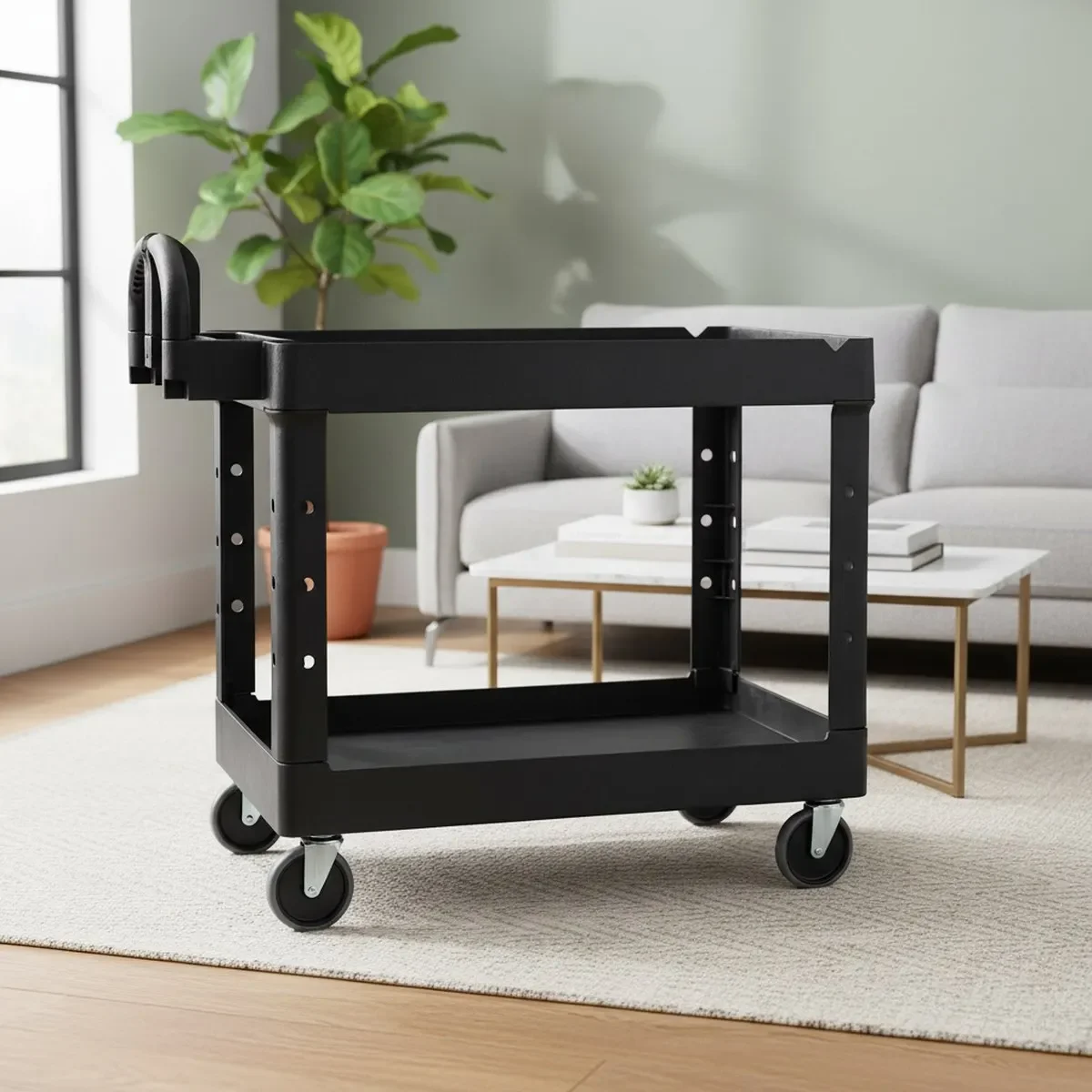 Medium Black 2 Shelf Utility Cart Heavy Duty Rolling Service Trolley
