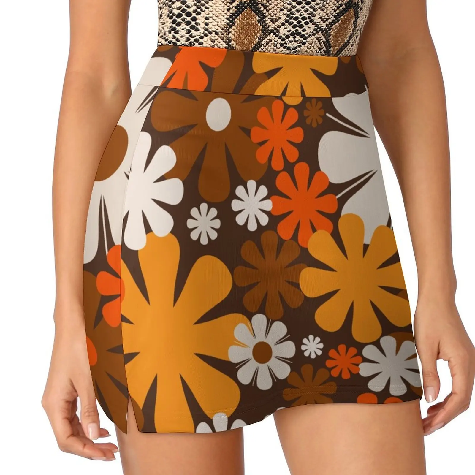 Flower Market Stockholm Retro 60s 70s Floral Pattern Brown and Orange Mini Skirt skirts for womens 2025 clothes