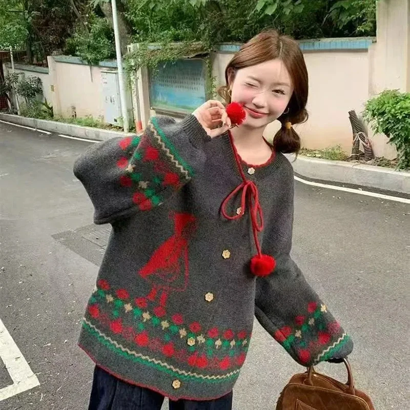 Women Christmas Cardigan Sweet Floral Button Down Knit Top Drop Shoulder Loose Fit Long Sleeve Pom-Pom Tie Front Cute Sweater