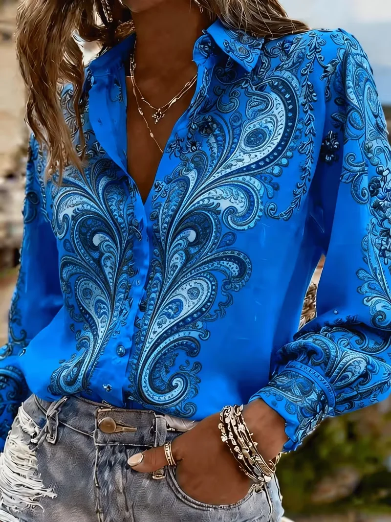 New navy blue gradient paisley print long sleeved shirt, retro court style women's temperament vacation shirt