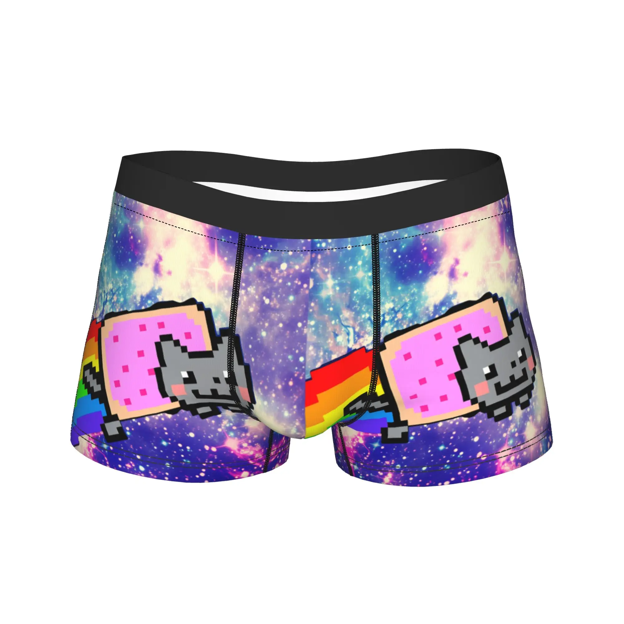 Cat Rainbow Pixel Space N-Nyans Boxershorts 3D Pouch Unterwäsche Hochwertige, individuelle DIY-Boxershorts Lustige Herrenunterhose Große Größe 2XL