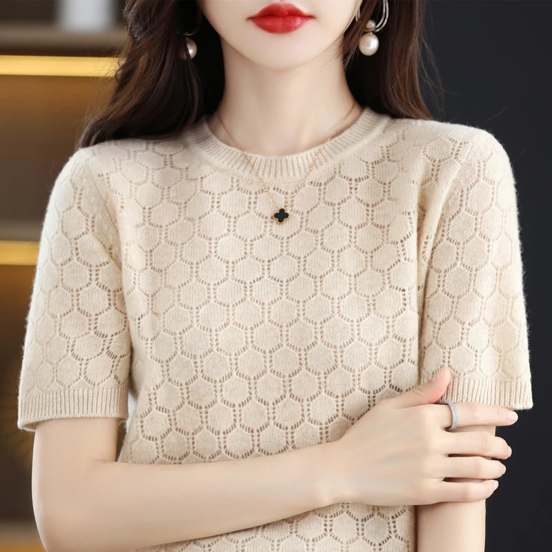 Early autumn round neck wool short sleeve diamond hollowed-out jacquard half sleeve sweater women's loose thin knit bottom top