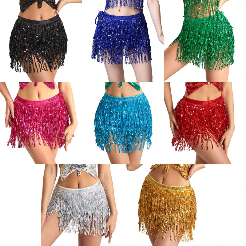 Women Belly Dance Hip Skirt Scarf Wrap Belt Glitter Sequins Tassel Hip Scarf Skirt Halloween Dance Performance Costumes