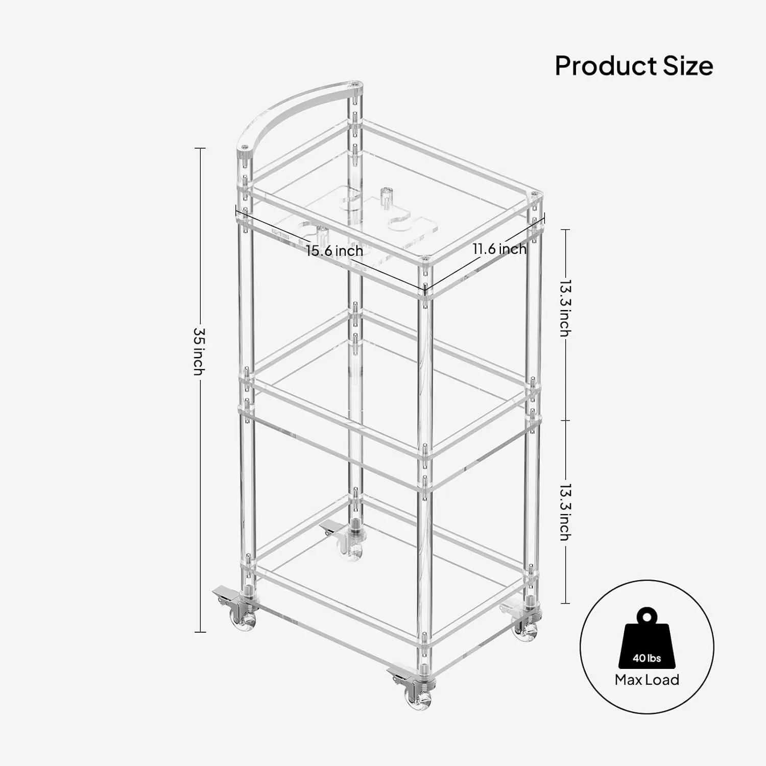 Small Acrylic Bar cart - 3 Tier Home Bar Cart Rolling Serving Cart with 4 Lockable Wheels, Glass Holders, Handle, for Living Roo