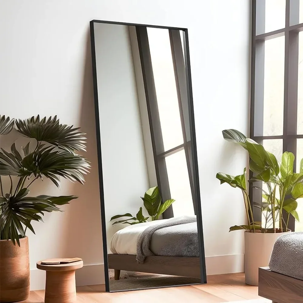 Espejo de longitud completa para colgar o apoyarse en la pared, espejo de tocador rectangular grande, negro (hierro forjado), 63 "x 20"