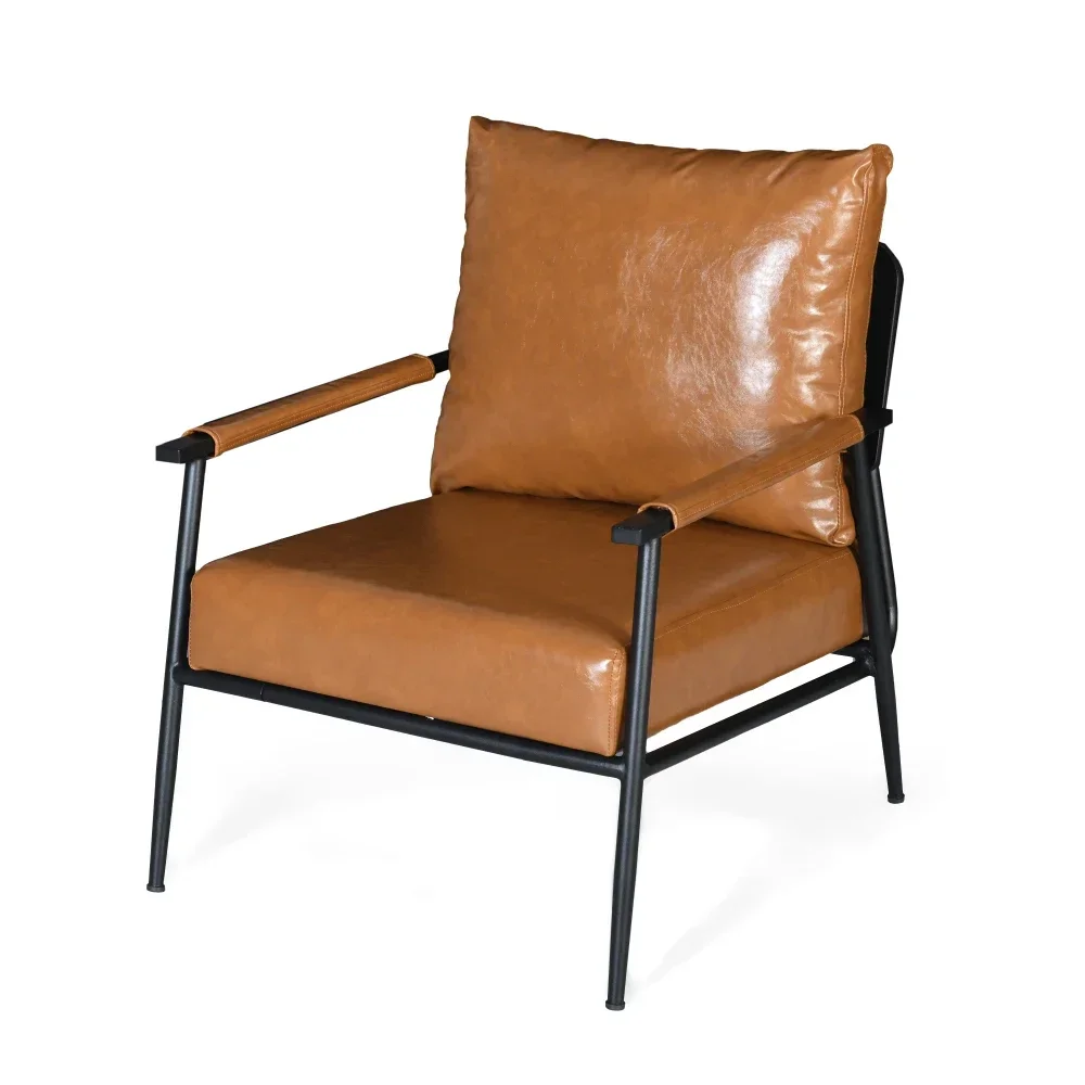 Mid-Century Modern Accent Chair with Brown Faux Leather Upholstery, Padded High Backrest, Metal Frame and Wood Armrests