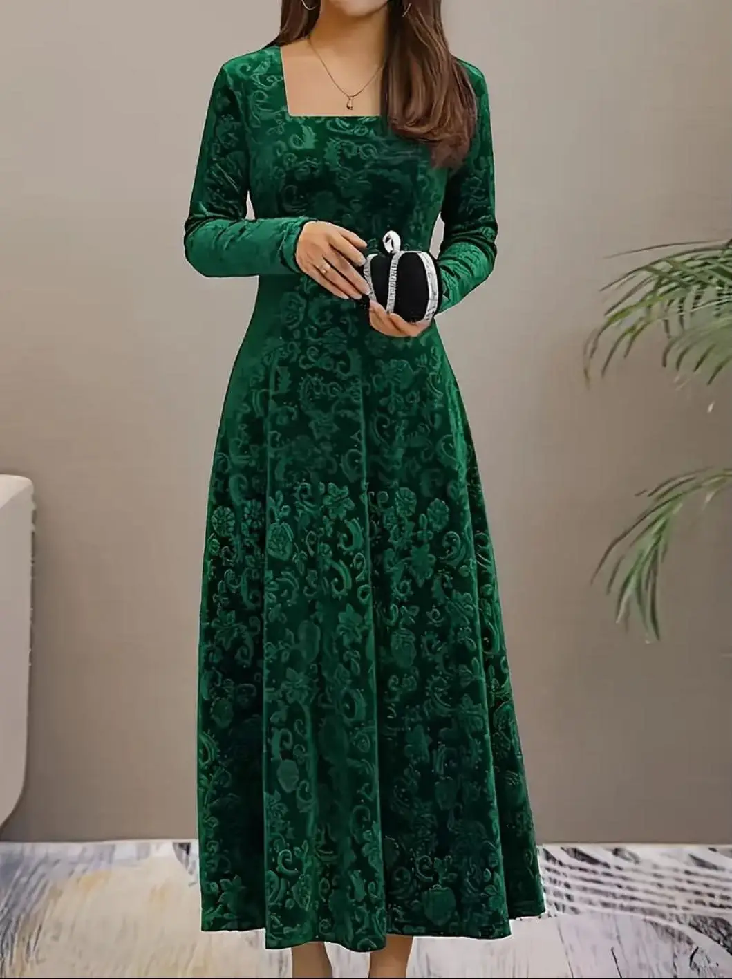 

Plus size women's fashion Korean fleece fabric elegant bohemian long sleeve dress