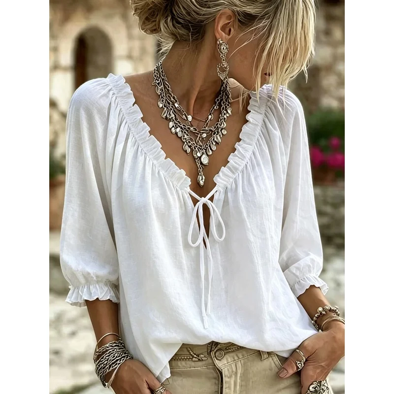 Spring/Summer Beach Style Ruffled Collar Tie-Waist Versatile Travel Shirt