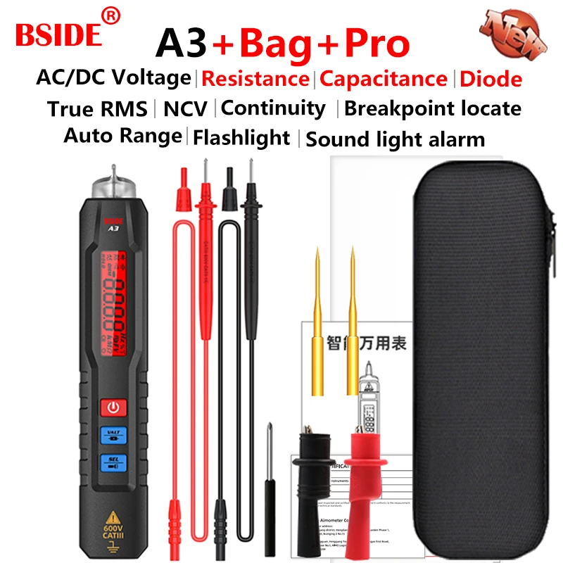 BSIDE A3 Mini Non-Contact Voltage Tester Digital AC/DC Voltage Detectors True RMS Smart Multimeter Capacitance Temp Ohm Diode Hz