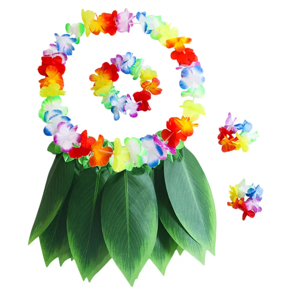 5개입 하와이안 잎 스커트 훌라 의상 XL 스트레치 그린 그래스 스커트 팔찌 머리띠 목걸이 루아우 파티