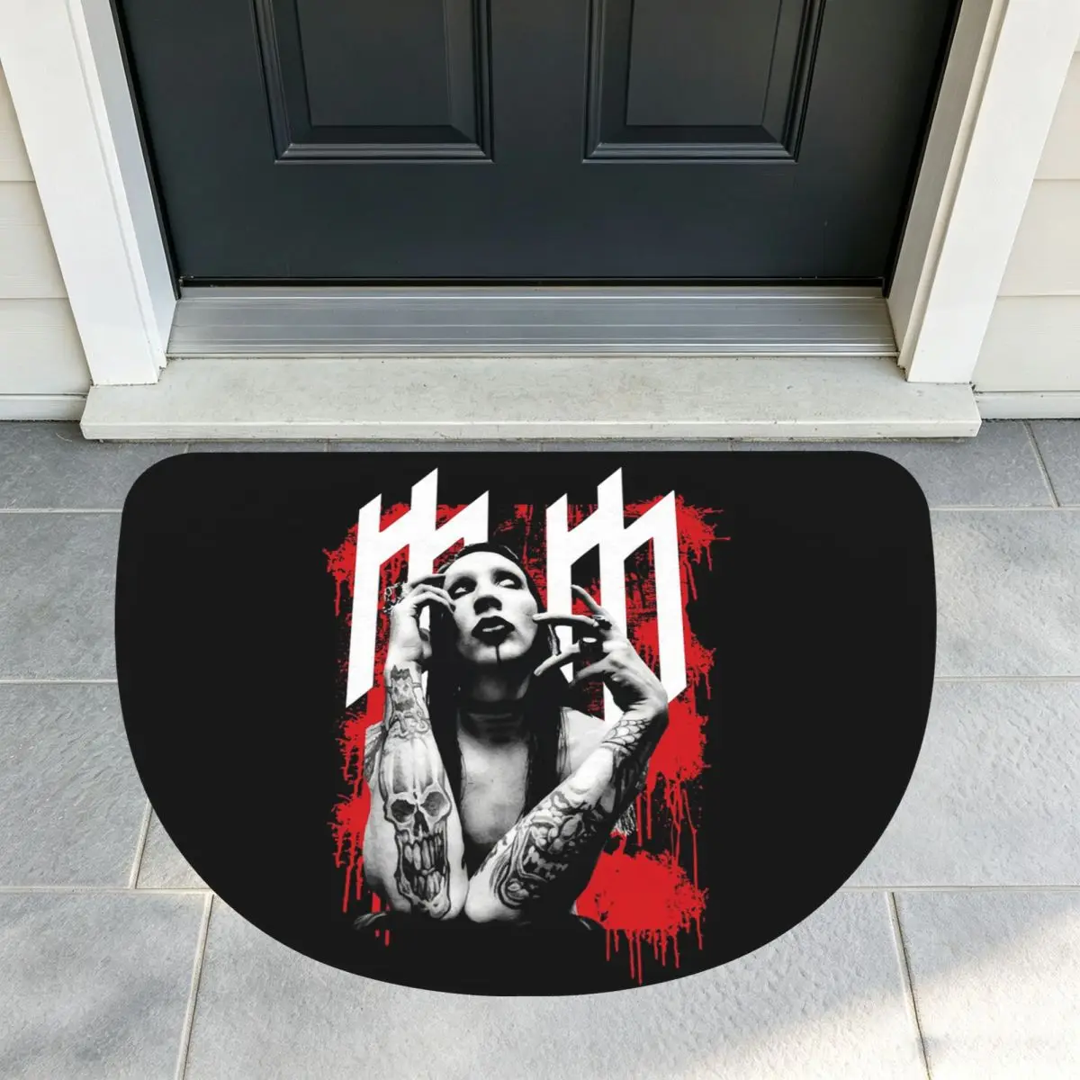Marilyn Manson Glitch Fan Gift Music Flannel Half Round Doormat Non Slip Bathroom Mat Absorbent Floor Carpet for Home Bedroom