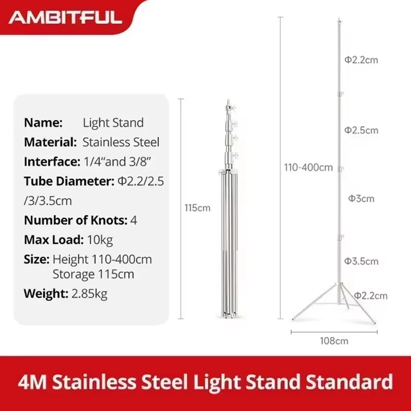 Ambitieuze 4M Heavy Duty RVS Lichtstatief met 1/4' en 3/8' schroef, draagvermogen 10KG, geschikt voor studioflits softbox