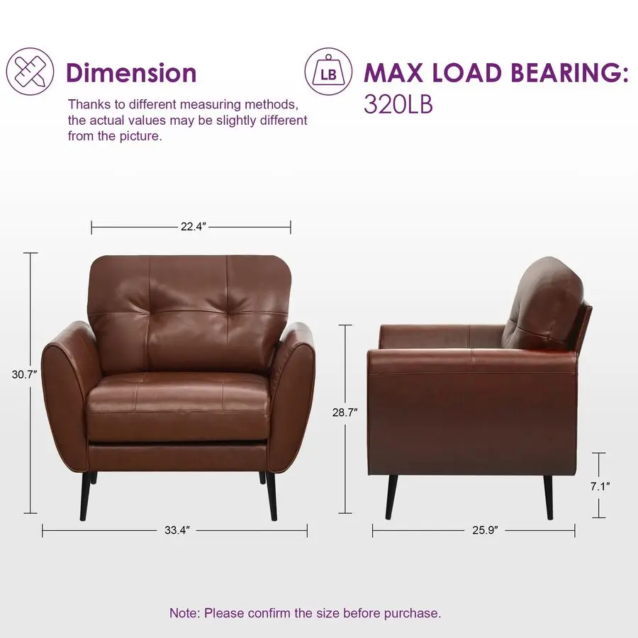 Sedia d'accento, comodo soggiorno moderno Sedie da lettura in pelle marrone Poltrona capitonnè della metà del secolo Sedia da salone piccola per