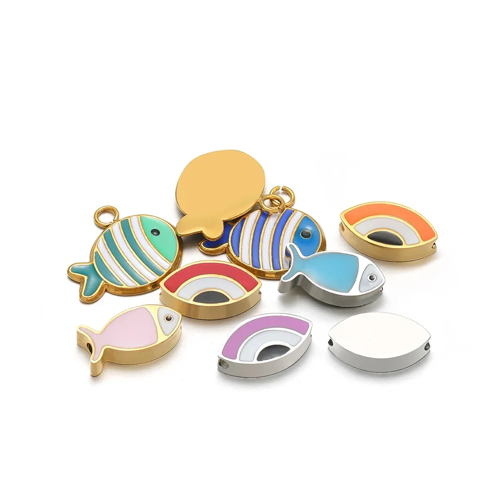 5Pcs Stainless Steel Colorful Enamel Fish Beads Charms Necklace Gold Pendants Bulk for DIY Kids Jewelry Making Bracelet Findings