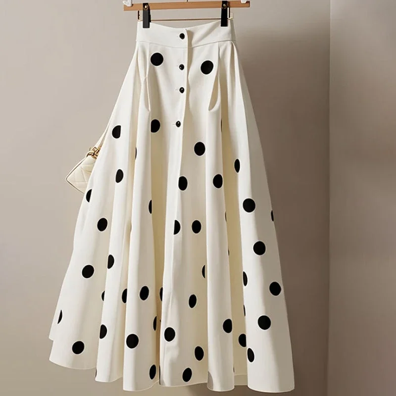 White Polka Dot Skirt For Women 2026 Faldas Mujer De Moda High Waist A-line Jupe Vintage Korean Saia Big Swing Loose Sweet Skirt