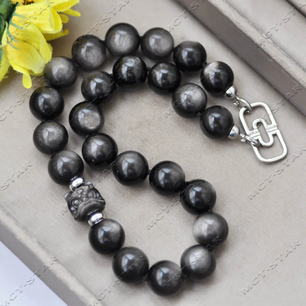 MTC·STAR Natural 18'' 16mm Silver-Eye Obsidian Handmade Lion's-head Totem Necklace (Z14052)