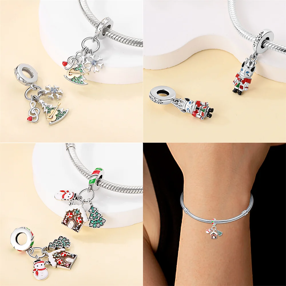 S925 Silver Christmas Snowflake Charms Heart Shaped Shiny Zircon Bead Fit Original Bracelet Diy Fine Jewelry Christmas Gift