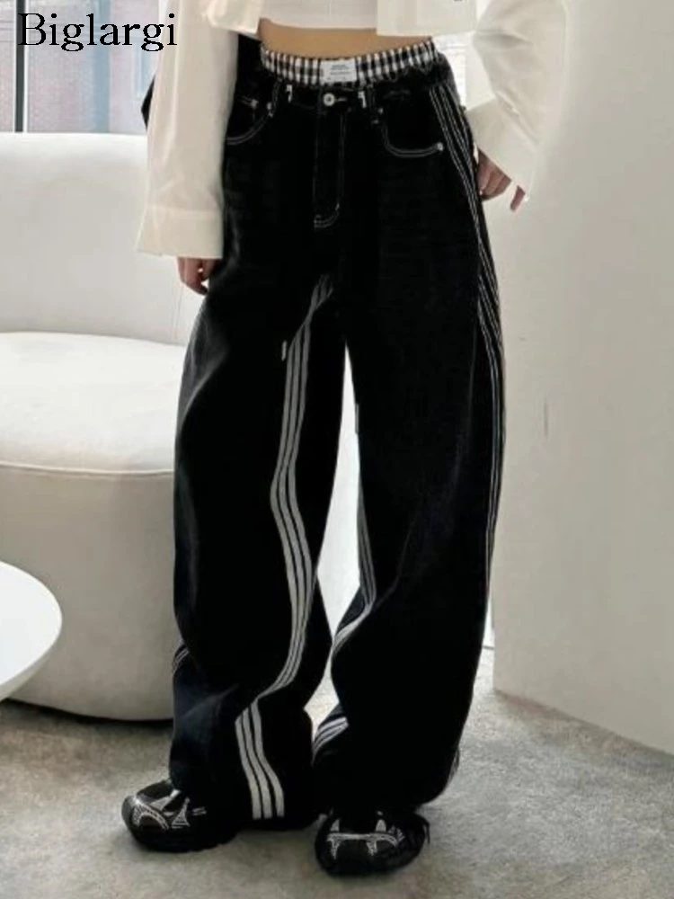 

Jeans Autumn Striped Patchwork Long Pant Women High Waist Fashion Ladies Trousers Korean Style Loose Pleated Woman Wide Leg Pant