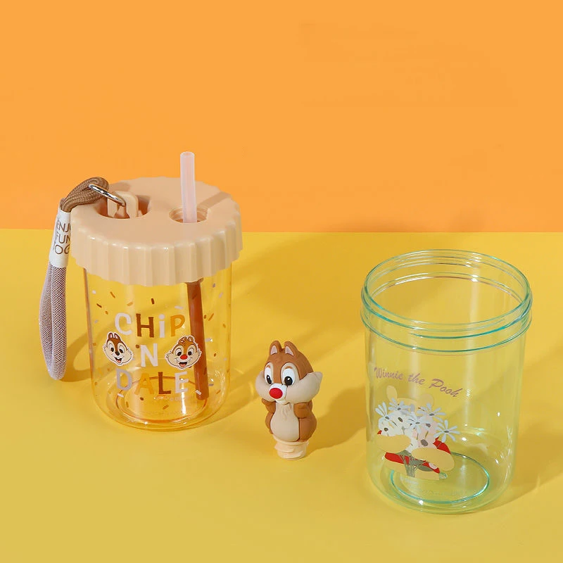 Kawaii Disney Anime 520Ml Plastic Cup Cute Winnie Pooh Donald Duck Cartoon Sweet Portable Lifting Rope Water Cup Gifts for Girls