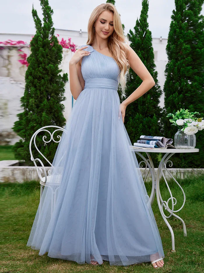 Elegant Romantic A-Line Asymmetric Shoulder Streamer Pleated Decoration Tulle Dresses With Bowknot