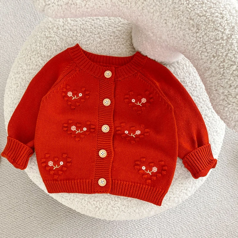 Autumn new baby clothing, 0-3 year old female baby red heart flower embroidered long sleeved knitted sweater cardigan