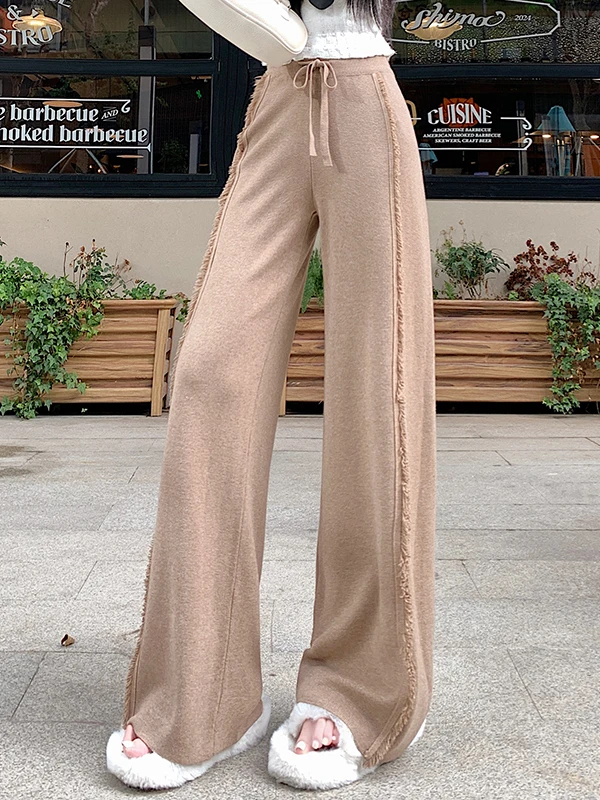 Pantalon large en tricot à franges pour femmes, taille haute, élastique, décontracté, jambe droite, long, automne-hiver, nouveau, longueur au sol