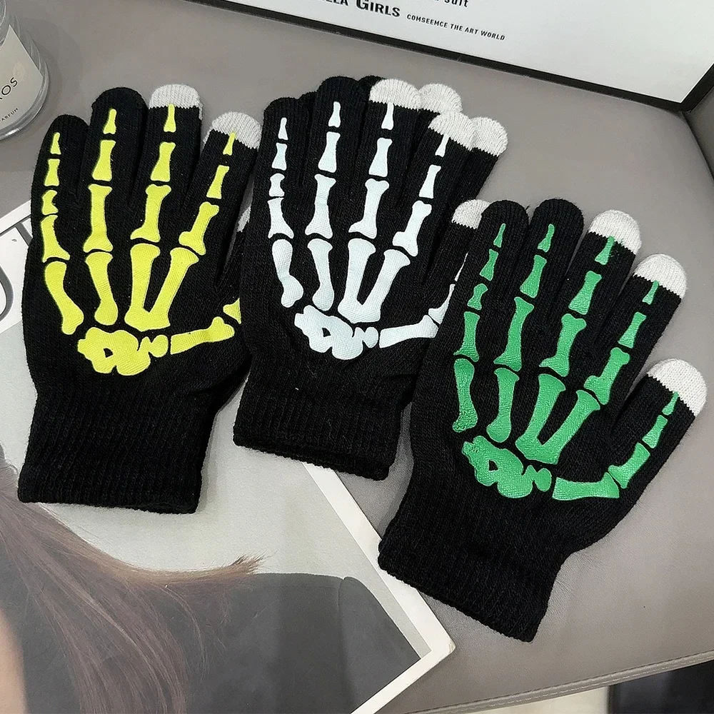 Nuevos guantes Punk Unisex Halloween esqueleto cráneo medio dedo guantes que brillan en la oscuridad sin dedos estiramiento tejido manoplas de invierno