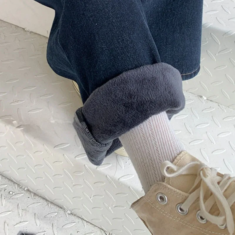 Jean thermique Y2K pour femme, doublé polaire, pantalon à jambes larges, taille haute, jambe droite, hiver