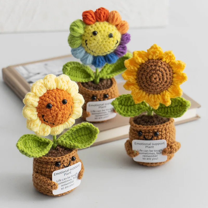 Mini Finished Crochet Flowers Potted Emotional Support Stuffed Sunflowers Plants Mother Valentine Christmas Graduation Kids Gift