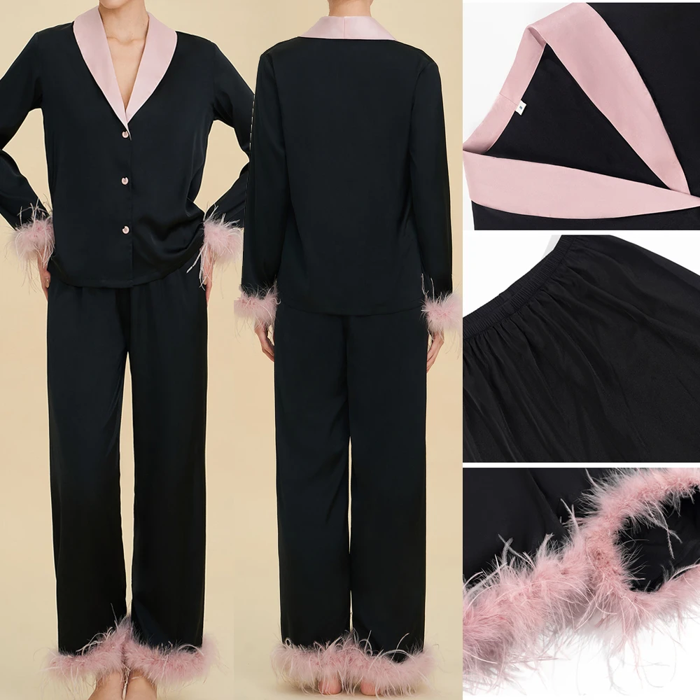 High Quality Women's Pajamas Set Loungewear Silky Satin Two Piece Sleepwear Pijamas Suit Luxury Feather Homewear Female Gift
