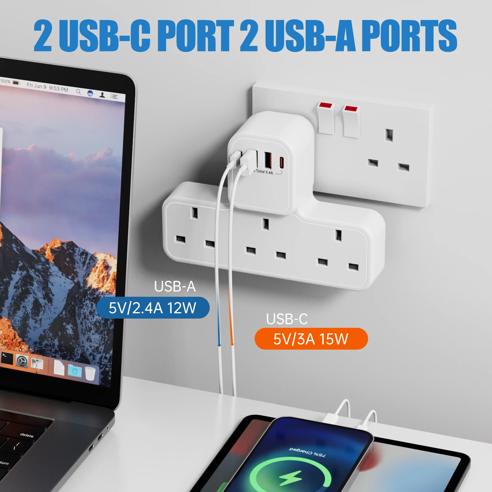 3250 واط المملكة المتحدة التيار المتناوب التوصيل قطاع الطاقة الكهربائية الحائط منفذ مرشح شبكة Multitap مع 2 Usb-A 2 Usb-C محول شحن