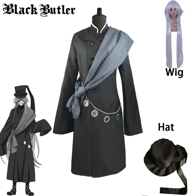 Anime Black Butler Kuroshitsuji Undertaker Cosplay Costume Halloween Party Costumes Custom Made Full Set Hat Chain Clothes