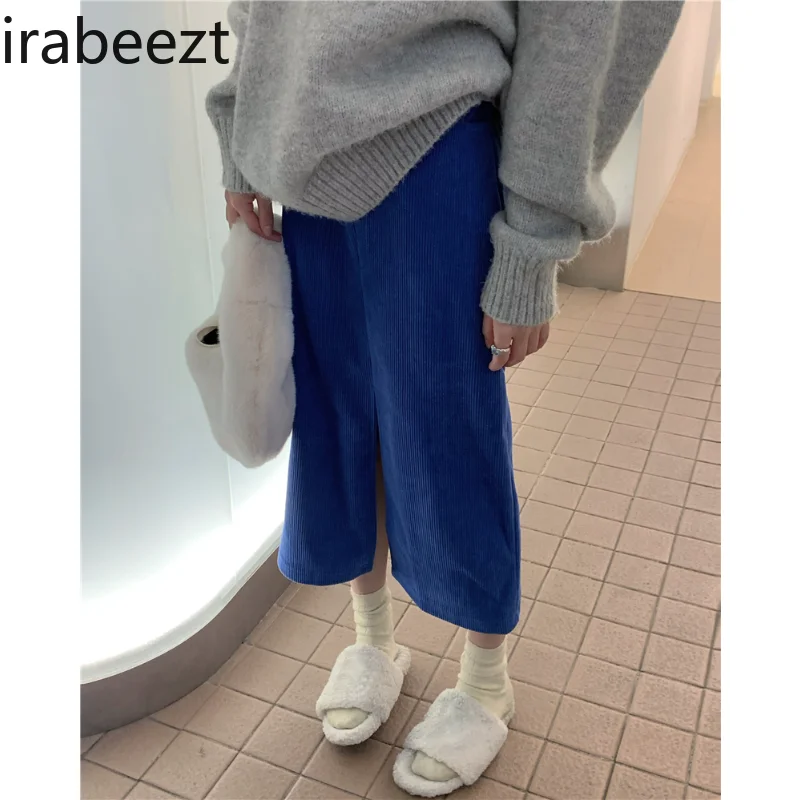 

Irabeezt Corduroy Retro Denim Skirts Blue A-line Split Straight High Waist Jeans Skirt 2023 Winter Hot Girls Female Clothing