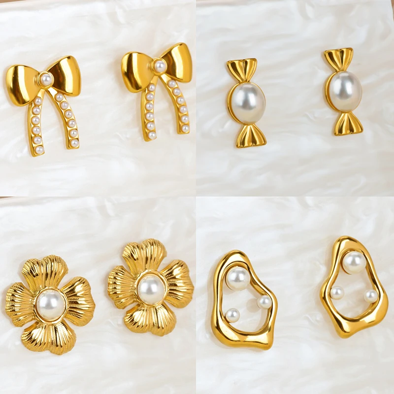 

Four Clover Flower Earrings for Women Stainless Steel Imitation Pearl Bow Earrings Fashion Wedding Waterproof Jewelry Gift