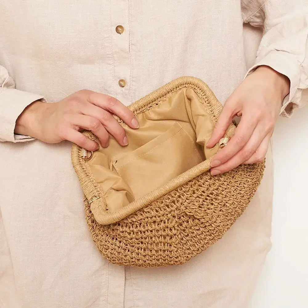 Trendy Bohemian Shell-shaped Weave Bag Hollowed Out Chain Strap Chain Crossbody Bag Large Capacity Handbag Beach Bag Vacation