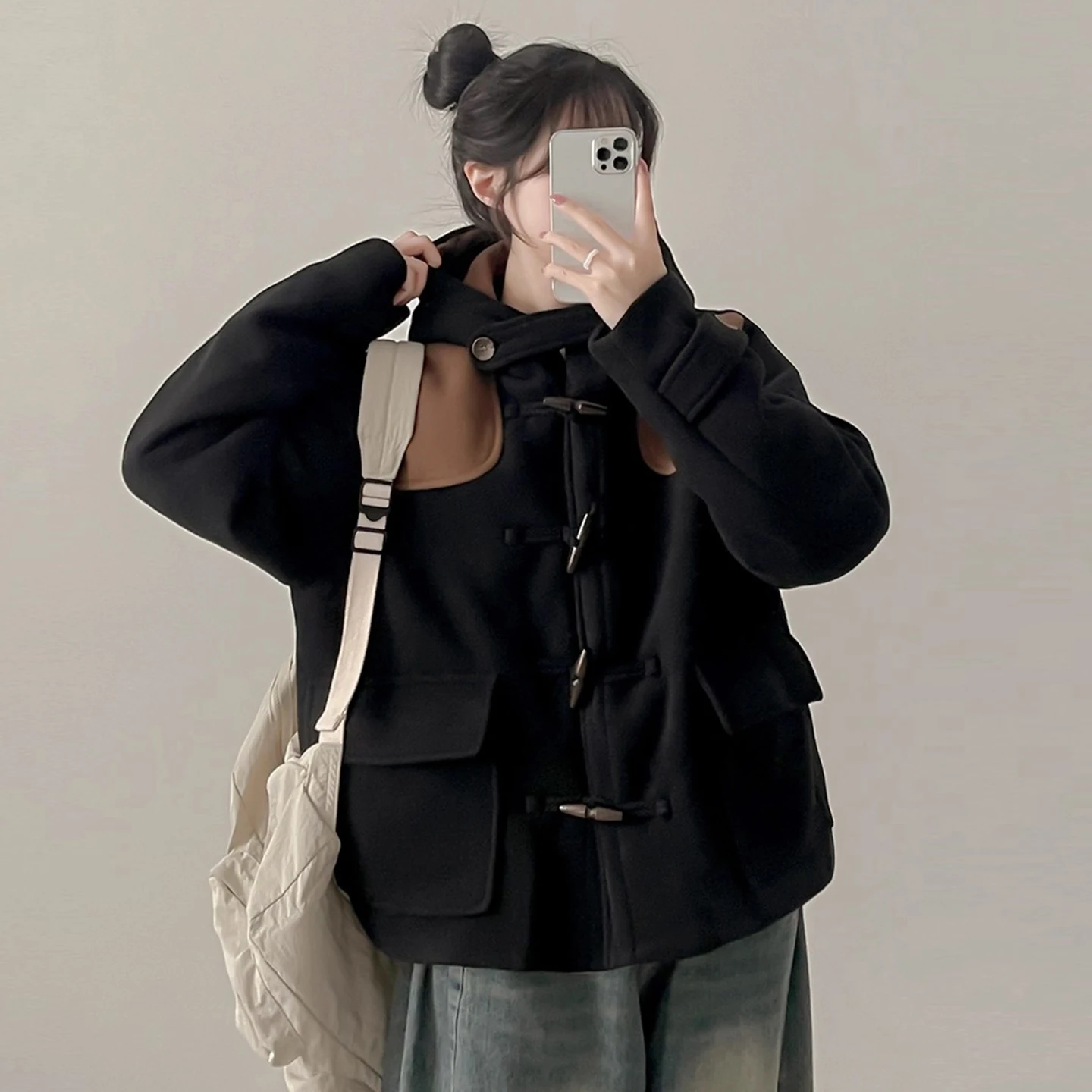 الرجعية القرن زر اللون بلو قبعة معطف الصوف المرأة فضفاض كيت أعلى شتاء جديد Sle النسخة الكورية طويلة Sve زر واحد #4