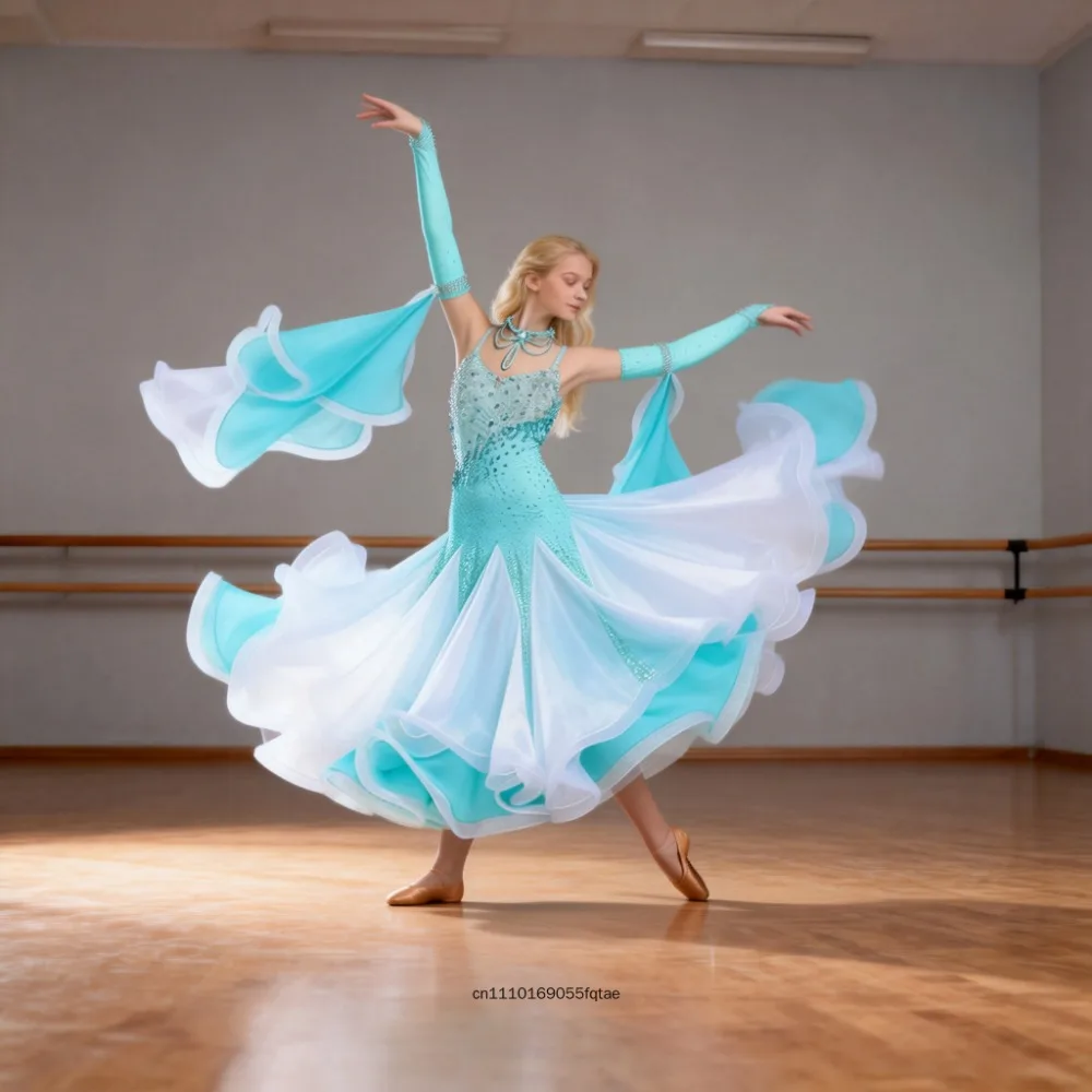 Modernes Tanzkleid für Erwachsene, Standard-Ballsaal-Tanzwettbewerbskleid mit Strass-Diamanten, Professionelles Bühnenkostüm