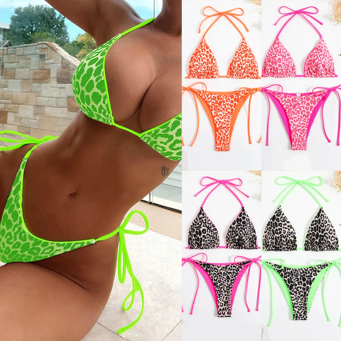 

Bathing Suit Women European And American Women's Split Leopard Print Sexy Backless Double-sided Bikini Swimsuit Women's European