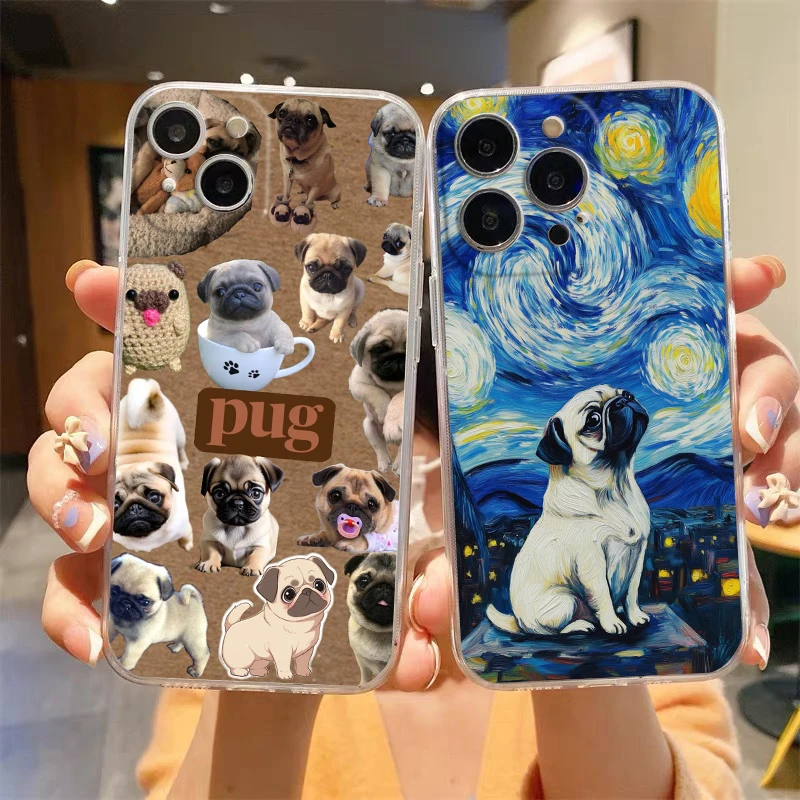 Чехол для телефона для iPhone 16E 15 16 14 13 12 11 Pro Max XS Max 7 8 16 Plus SE2, мягкий прозрачный чехол из ТПУ, черный мопс, крупный план