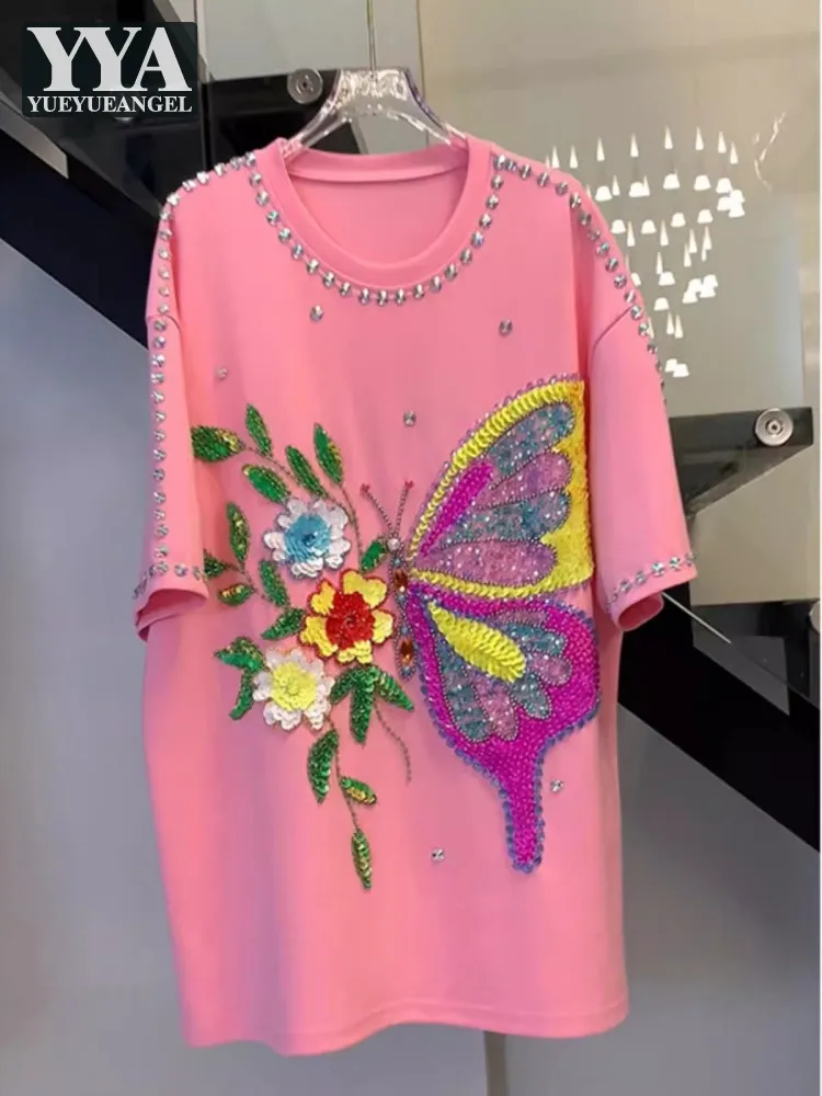 Fashion Women Pink Casual T-Shirt O-Neck Short Sleeve Diamonds Sequined Flowers Summer Loose Fit Middle Length Pullover Tops