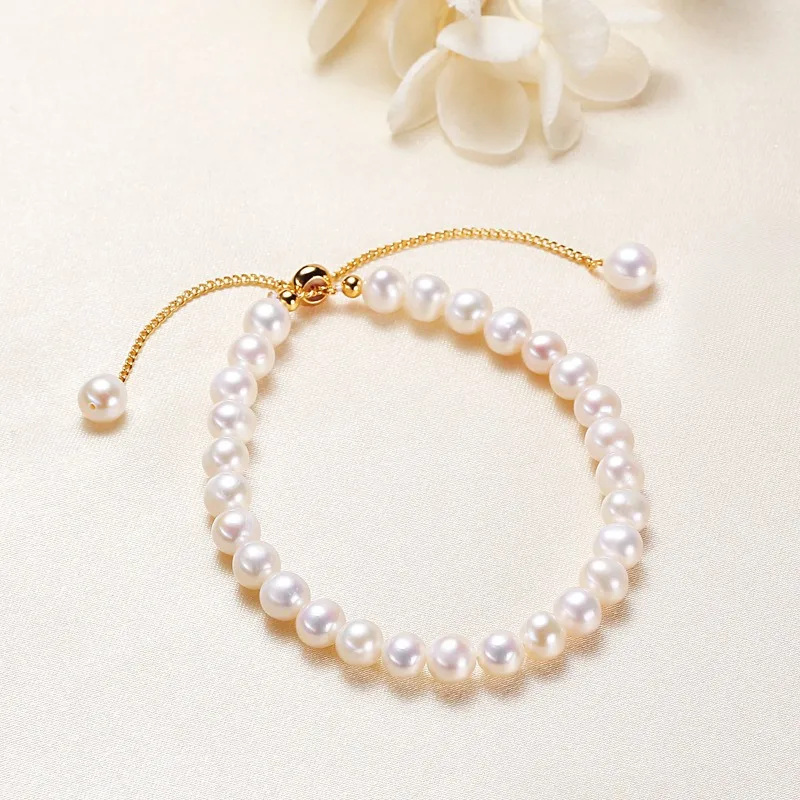 

Minar Good Quality 5-6mm Oval Freshwater Pearl Beads Adjustable Chain Strand Bracelets for Women 18K Real Gold Plated Copper