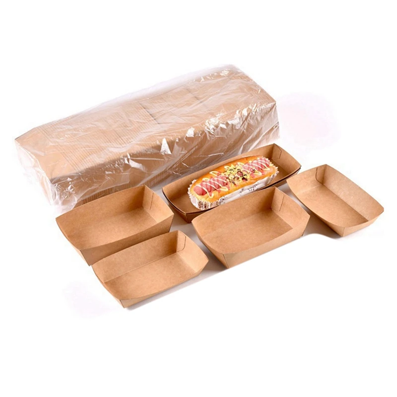 200Piece Disposable Kraft Paper Food Serving Tray Foldable Coating Snack Open Box Hot Dog Fries Chicken Box Kraft Paper