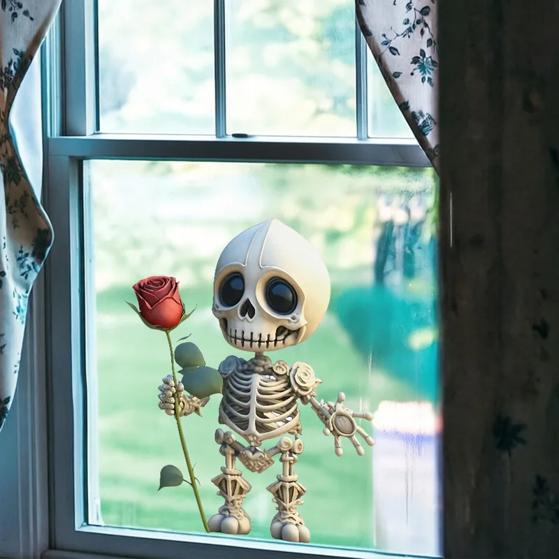 Halloween Chibi Cute Skull Red Rose Static Glass Decal, Window Sticker, Sweet Spooky Ornament for Shop Home Window Scene Decor