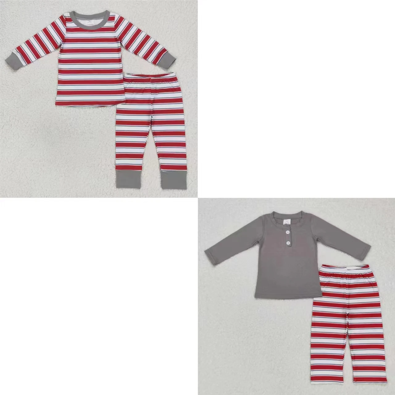 

Wholesale Toddler Christmas Outfit Pajamas Children Sleepwear Baby Boy Long Sleeves Shirts Red Grey Stripes Kids Pants Set